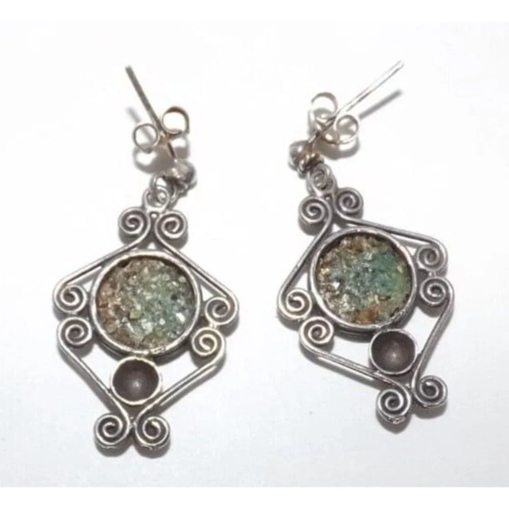Ancient Roman Glass Vintage Sterling Silver Scroll Dangle Earrings